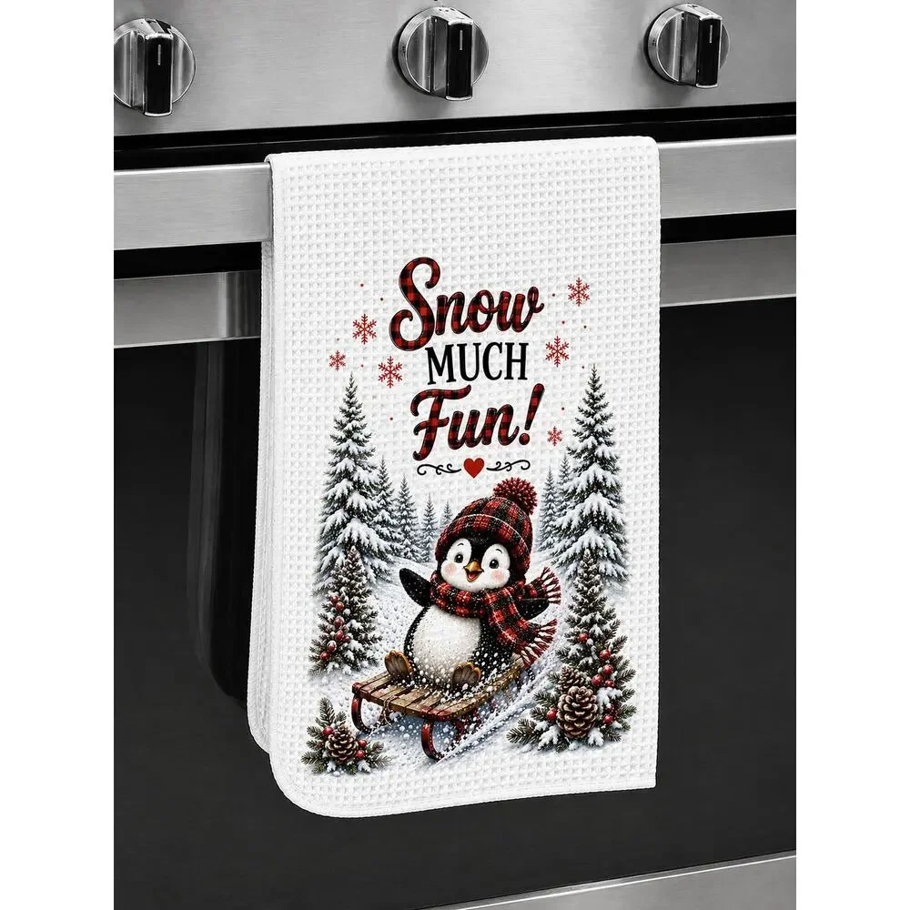 Snow Much Fun Penguin Kitchen Towel Red Buffalo Plaid Winter Decor